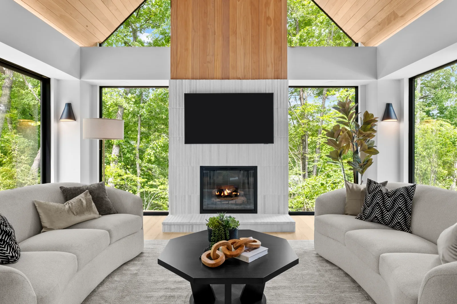 Living room, fireplace and gable ceiling